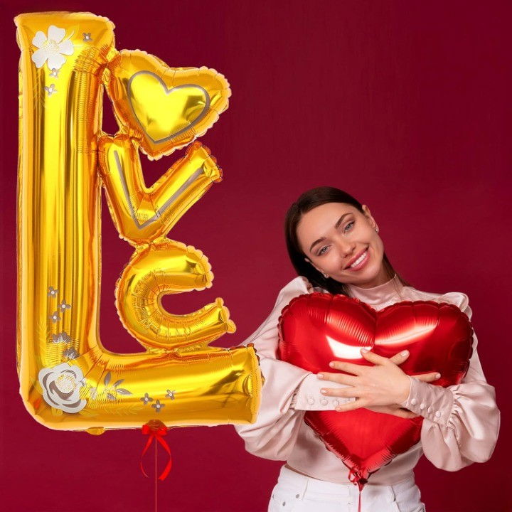 Balon din Folie Metalizata, Flippy, Figurine, Model LOVE, Tematica Iubire, 110x64 cm, Ambalaj Individual, Pai Inclus, Umflare cu Aer sau Heliu, Galben [4]