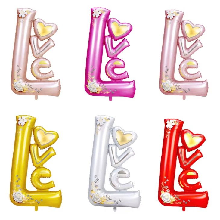 Balon din Folie Metalizata, Flippy, Figurine, Model LOVE, Tematica Iubire, 110x64 cm, Ambalaj Individual, Pai Inclus, Umflare cu Aer sau Heliu, Roz [9]