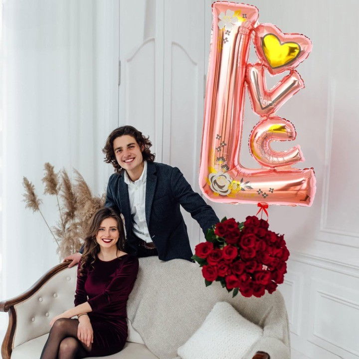 Balon din Folie Metalizata, Flippy, Figurine, Model LOVE, Tematica Iubire, 110x64 cm, Ambalaj Individual, Pai Inclus, Umflare cu Aer sau Heliu, Roz [6]