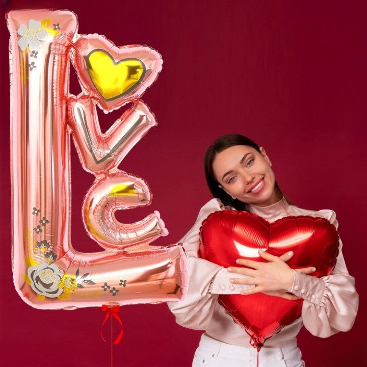 Balon din Folie Metalizata, Flippy, Figurine, Model LOVE, Tematica Iubire, 110x64 cm, Ambalaj Individual, Pai Inclus, Umflare cu Aer sau Heliu, Roz [4]