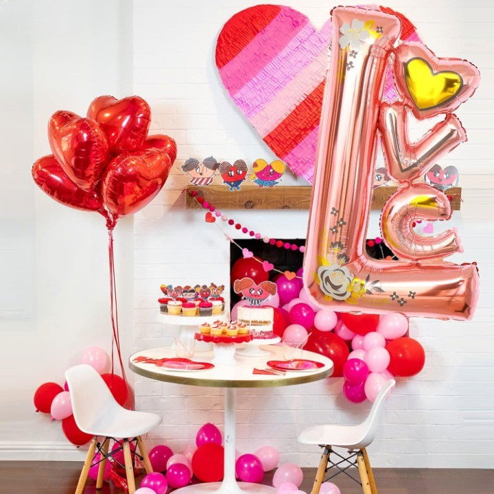 Balon din Folie Metalizata, Flippy, Figurine, Model LOVE, Tematica Iubire, 110x64 cm, Ambalaj Individual, Pai Inclus, Umflare cu Aer sau Heliu, Roz [7]