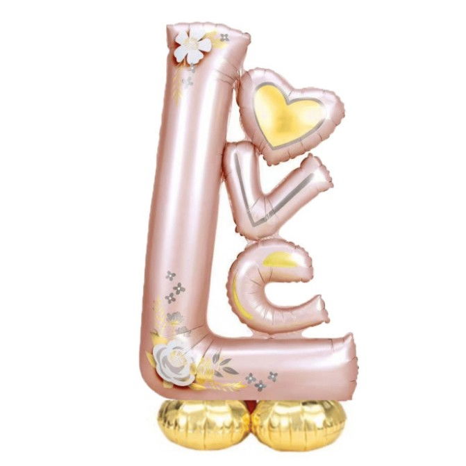 Balon din Folie Metalizata, Flippy, Figurine, Model LOVE, Tematica Iubire, 110x64 cm, Ambalaj Individual, Pai Inclus, Umflare cu Aer sau Heliu, Roz Deschis [3]