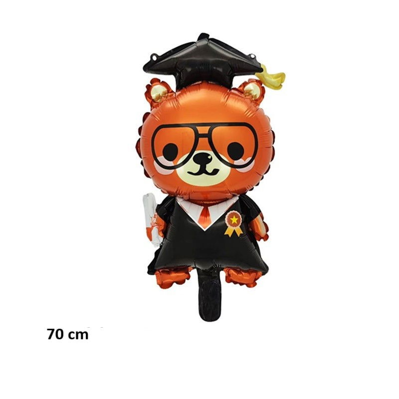 Balon din Folie Metalizata, Flippy, Figurine, Model Ursulet Absolvent, 70 cm, Ambalaj Individual, Pai Inclus, Umflare cu Aer sau Heliu, Maro Negru [2]