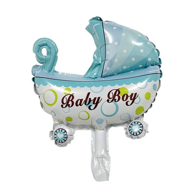 Balon din Folie Metalizata, Flippy, Mini Figurina, Model Carucior Bebelus, Tematica Gender Reveal, 39x29 cm, Ambalaj Individual, Pai Inclus, Umflare cu Aer sau Heliu, Albastru [3]