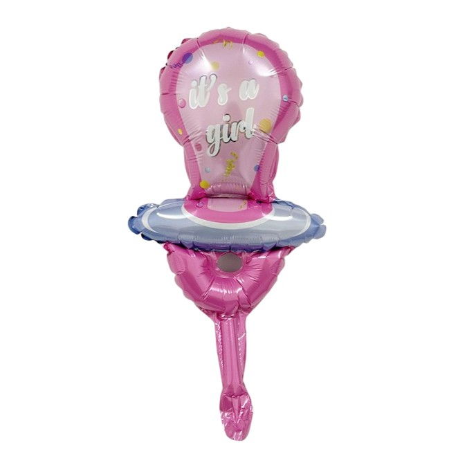 Balon din Folie Metalizata, Flippy, Mini Figurina, Model Suzeta, Tematica Gender Reveal, 23x50 cm, Ambalaj Individual, Pai Inclus, Umflare cu Aer sau Heliu, Roz [1]