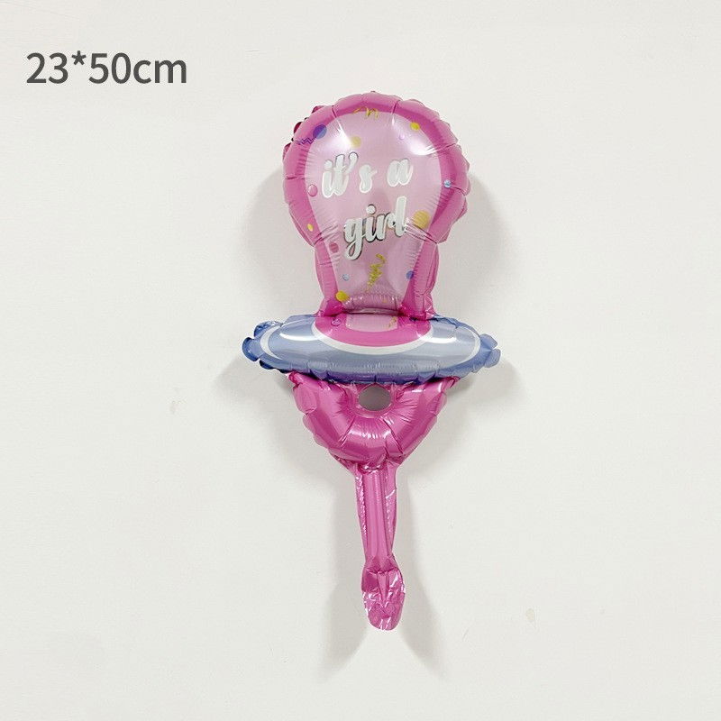 Balon din Folie Metalizata, Flippy, Mini Figurina, Model Suzeta, Tematica Gender Reveal, 23x50 cm, Ambalaj Individual, Pai Inclus, Umflare cu Aer sau Heliu, Roz [2]