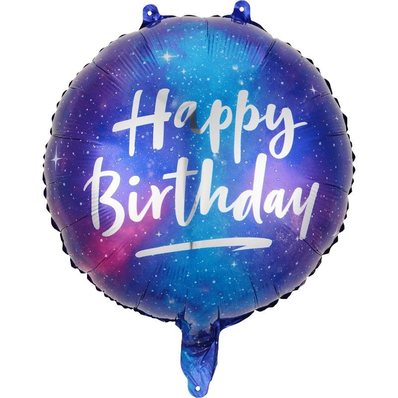 Balon din Folie Metalizata, Flippy, Mini Figurina Rotunda, Model Cer Instelat, Happy Birthday, Tematica Aniversare, 45 cm, Ambalaj Individual, Pai Inclus, Umflare cu Aer sau Heliu, Multicolor [1]