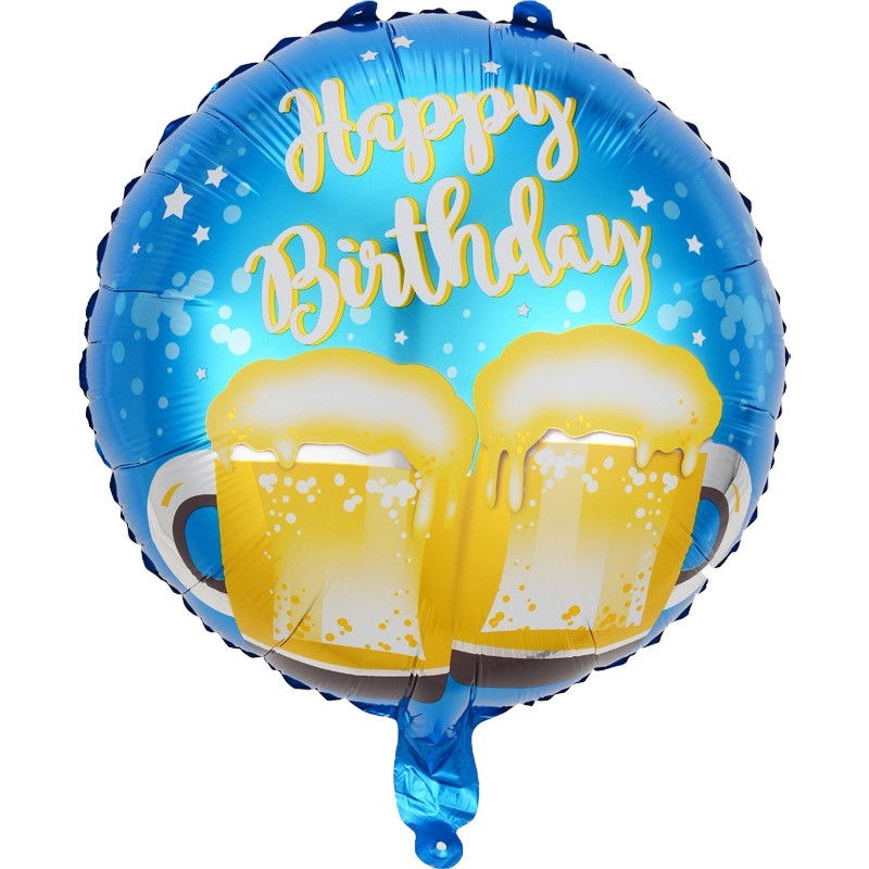 Balon din Folie Metalizata, Flippy, Mini Figurina Rotunda, Model Halbe de Bere, Happy Birthday, Tematica Aniversare, 45 cm, Ambalaj Individual, Pai Inclus, Umflare cu Aer sau Heliu, Albastru [1]