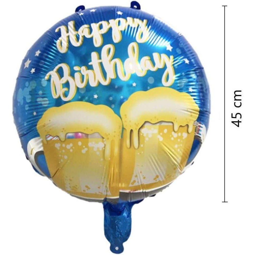 Balon din Folie Metalizata, Flippy, Mini Figurina Rotunda, Model Halbe de Bere, Happy Birthday, Tematica Aniversare, 45 cm, Ambalaj Individual, Pai Inclus, Umflare cu Aer sau Heliu, Albastru [4]