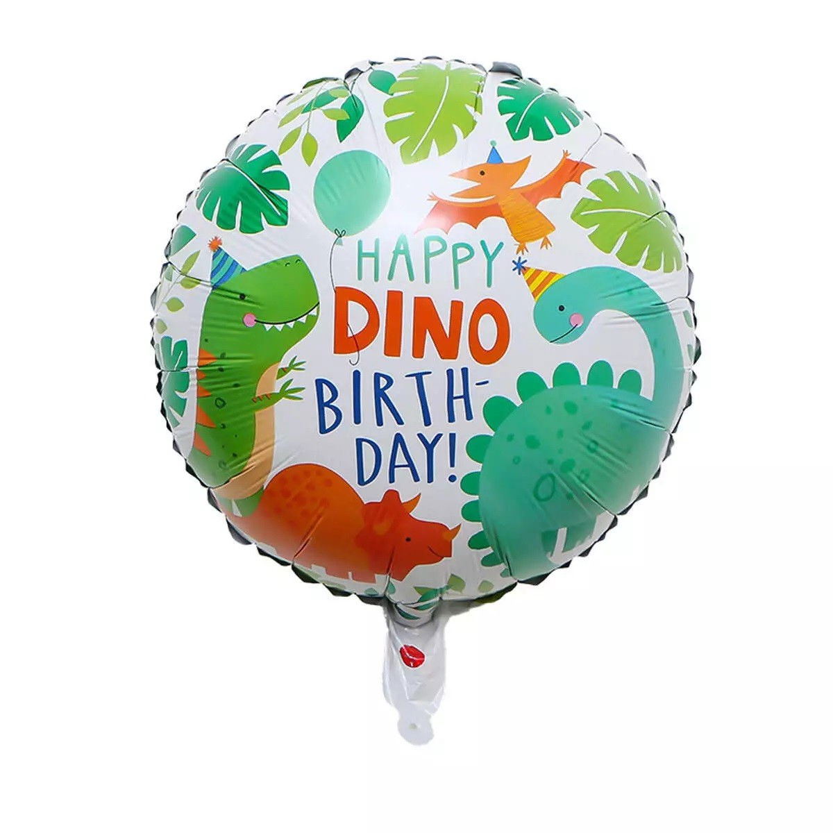 Balon din Folie Metalizata, Flippy, Mini Figurina Rotunda, Model Happy Birthday cu Dinozauri, Tema Aniversare, 45 cm, Ambalaj Individual, Pai inclus, Umflare cu Aer sau Heliu, Multicolor [1]
