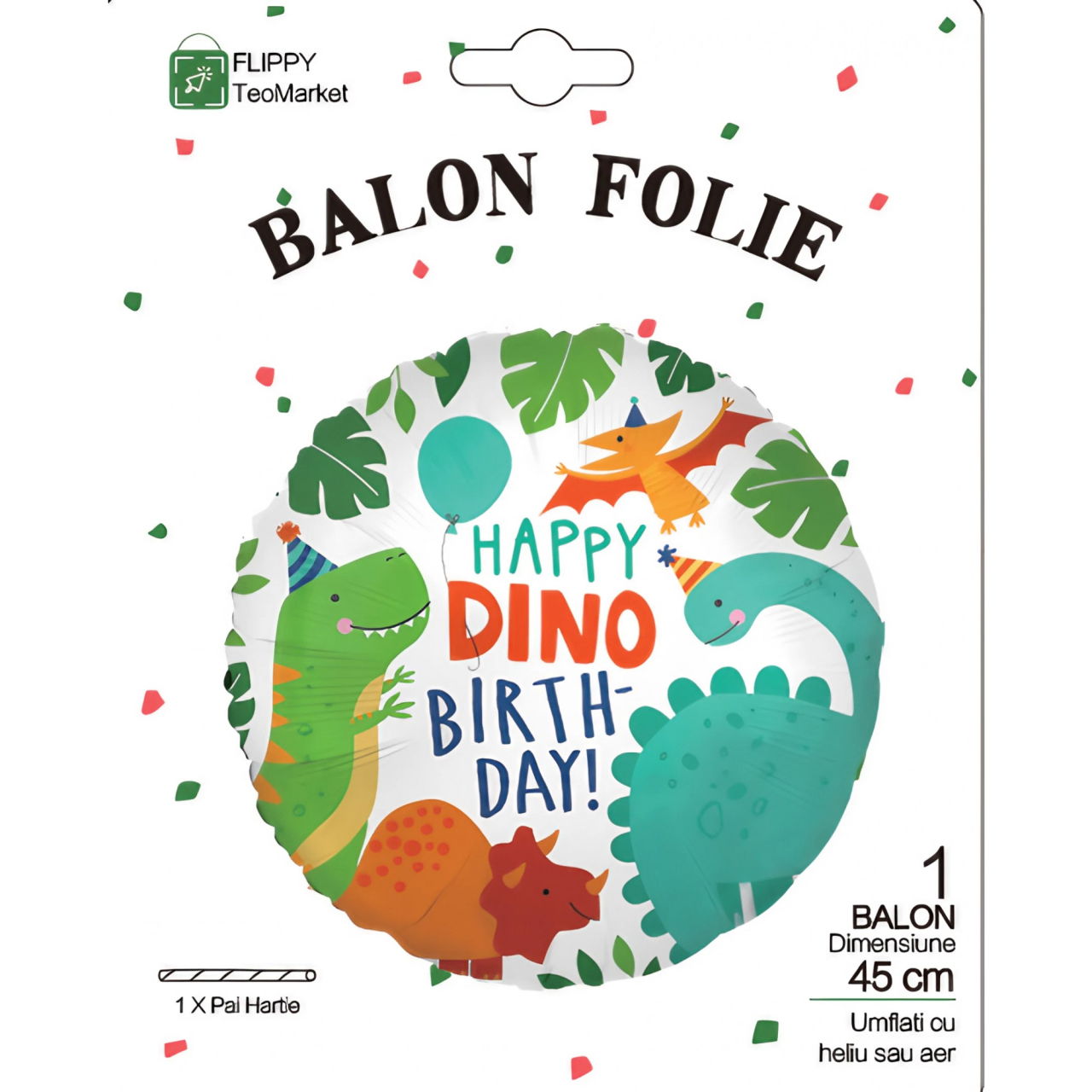 Balon din Folie Metalizata, Flippy, Mini Figurina Rotunda, Model Happy Birthday cu Dinozauri, Tema Aniversare, 45 cm, Ambalaj Individual, Pai inclus, Umflare cu Aer sau Heliu, Multicolor [3]