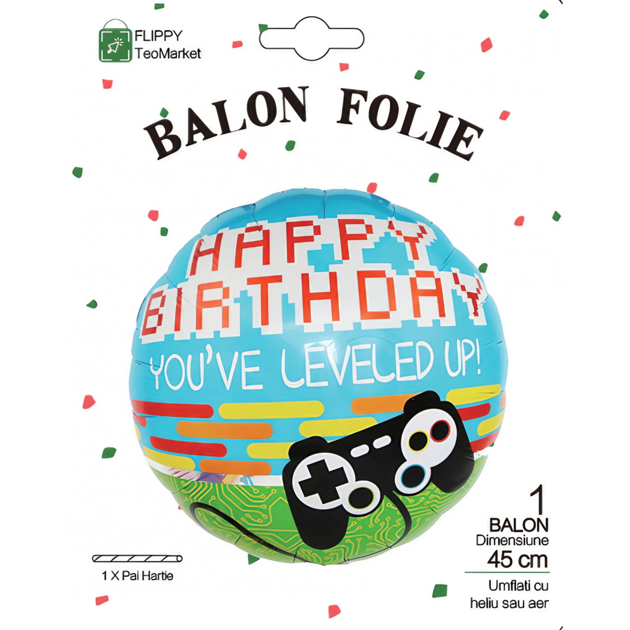 Balon din Folie Metalizata, Flippy, Mini Figurina Rotunda, Model Happy Birthday Gamer, Tema Aniversare, 45 cm, Ambalaj Individual, Pai inclus, Umflare cu Aer sau Heliu, Albastru [4]