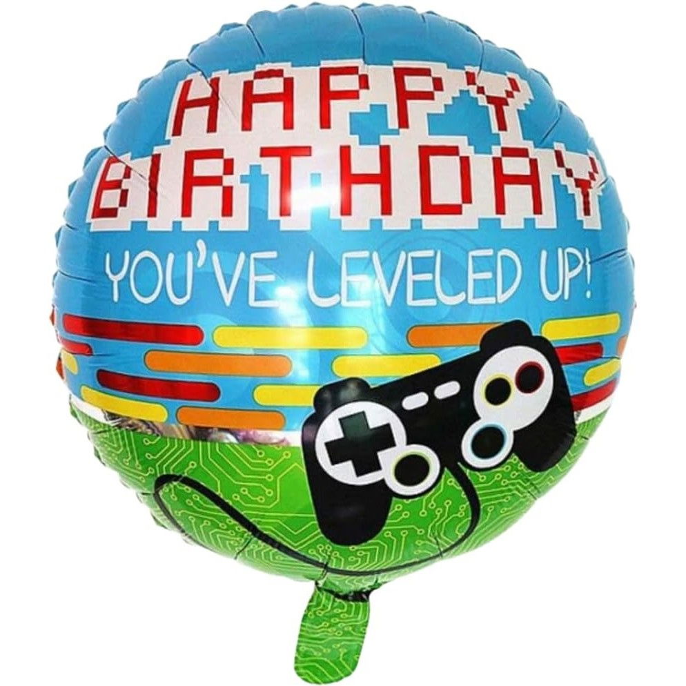 Balon din Folie Metalizata, Flippy, Mini Figurina Rotunda, Model Happy Birthday Gamer, Tema Aniversare, 45 cm, Ambalaj Individual, Pai inclus, Umflare cu Aer sau Heliu, Albastru [1]