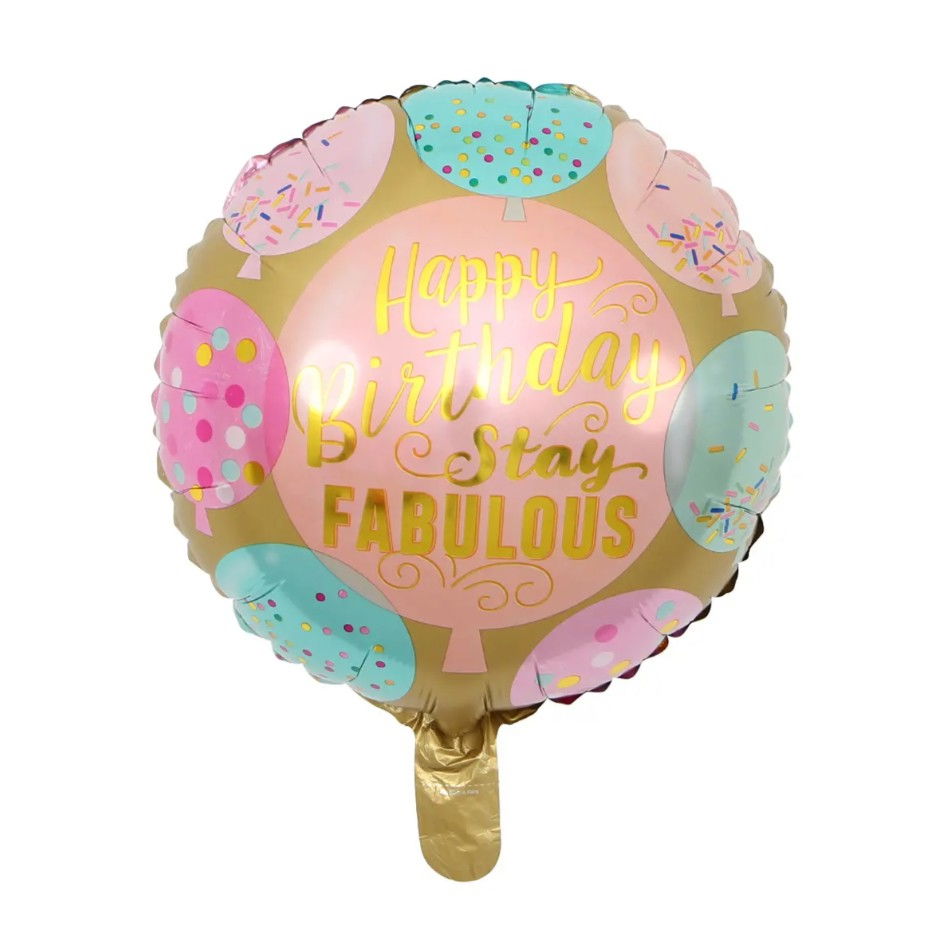 Balon din Folie Metalizata, Flippy, Mini Figurina Rotunda, Model Happy Birthday Stay Fabulous, Tematica Aniversare, 45 cm, Ambalaj Individual, Pai Inclus, Umflare cu Aer sau Heliu, Multicolor [4]