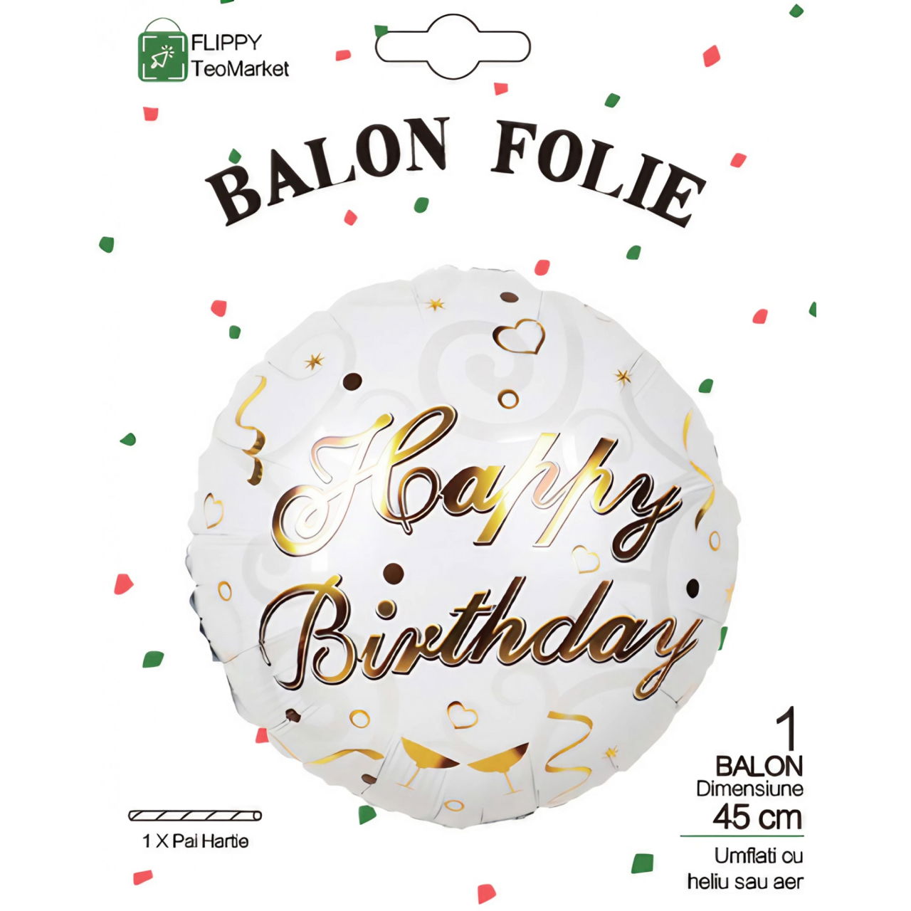 Balon din Folie Metalizata, Flippy, Mini Figurina Rotunda, Model Happy Birthday, Tema Aniversare, 45 cm, Ambalaj Individual, Pai inclus, Umflare cu Aer sau Heliu, Argintiu [3]