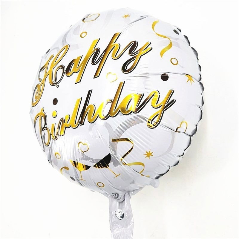 Balon din Folie Metalizata, Flippy, Mini Figurina Rotunda, Model Happy Birthday, Tema Aniversare, 45 cm, Ambalaj Individual, Pai inclus, Umflare cu Aer sau Heliu, Argintiu [2]