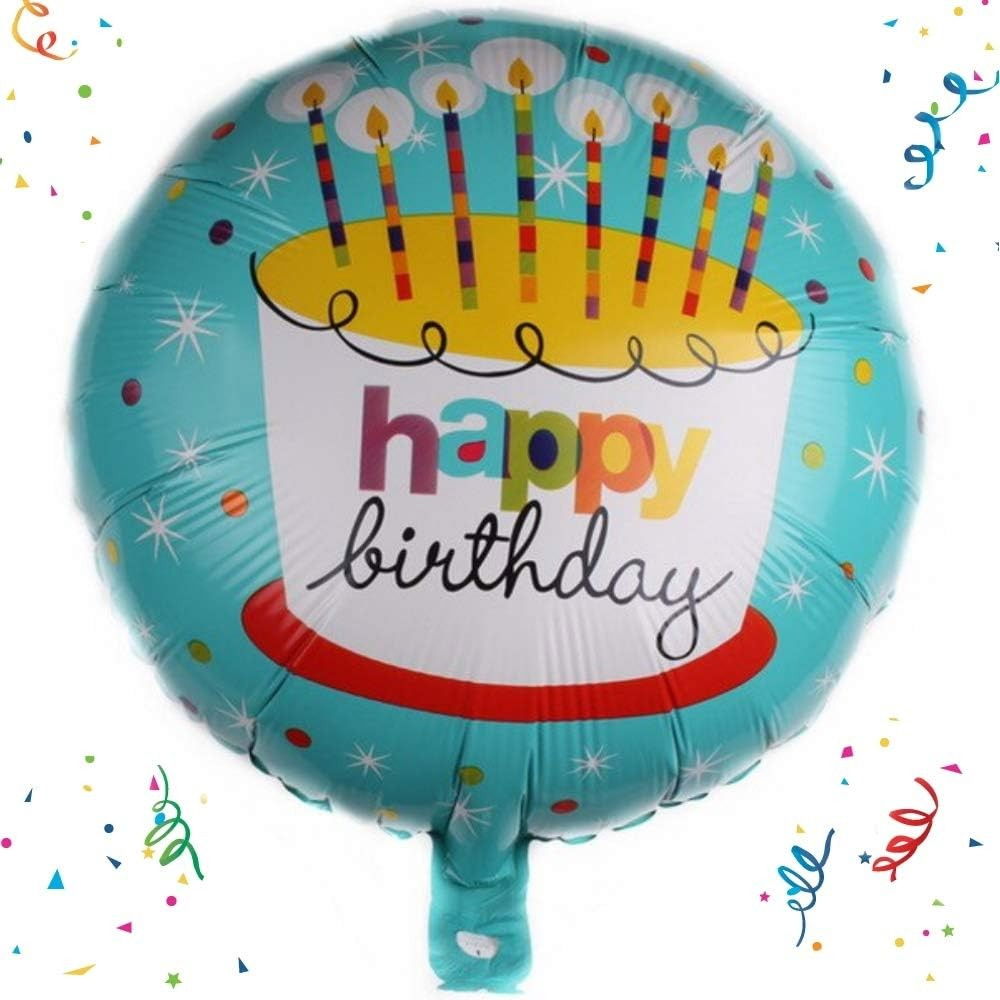 Balon din Folie Metalizata, Flippy, Mini Figurina Rotunda, Model Happy Birthday Tort, Tema Aniversare, 45 cm, Ambalaj Individual, Pai inclus, Umflare cu Aer sau Heliu, Albastru [2]