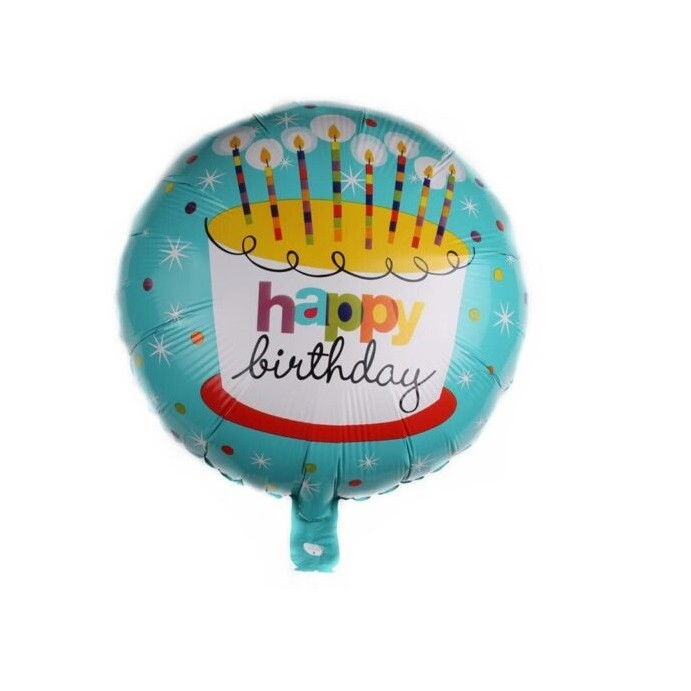 Balon din Folie Metalizata, Flippy, Mini Figurina Rotunda, Model Happy Birthday Tort, Tema Aniversare, 45 cm, Ambalaj Individual, Pai inclus, Umflare cu Aer sau Heliu, Albastru [1]