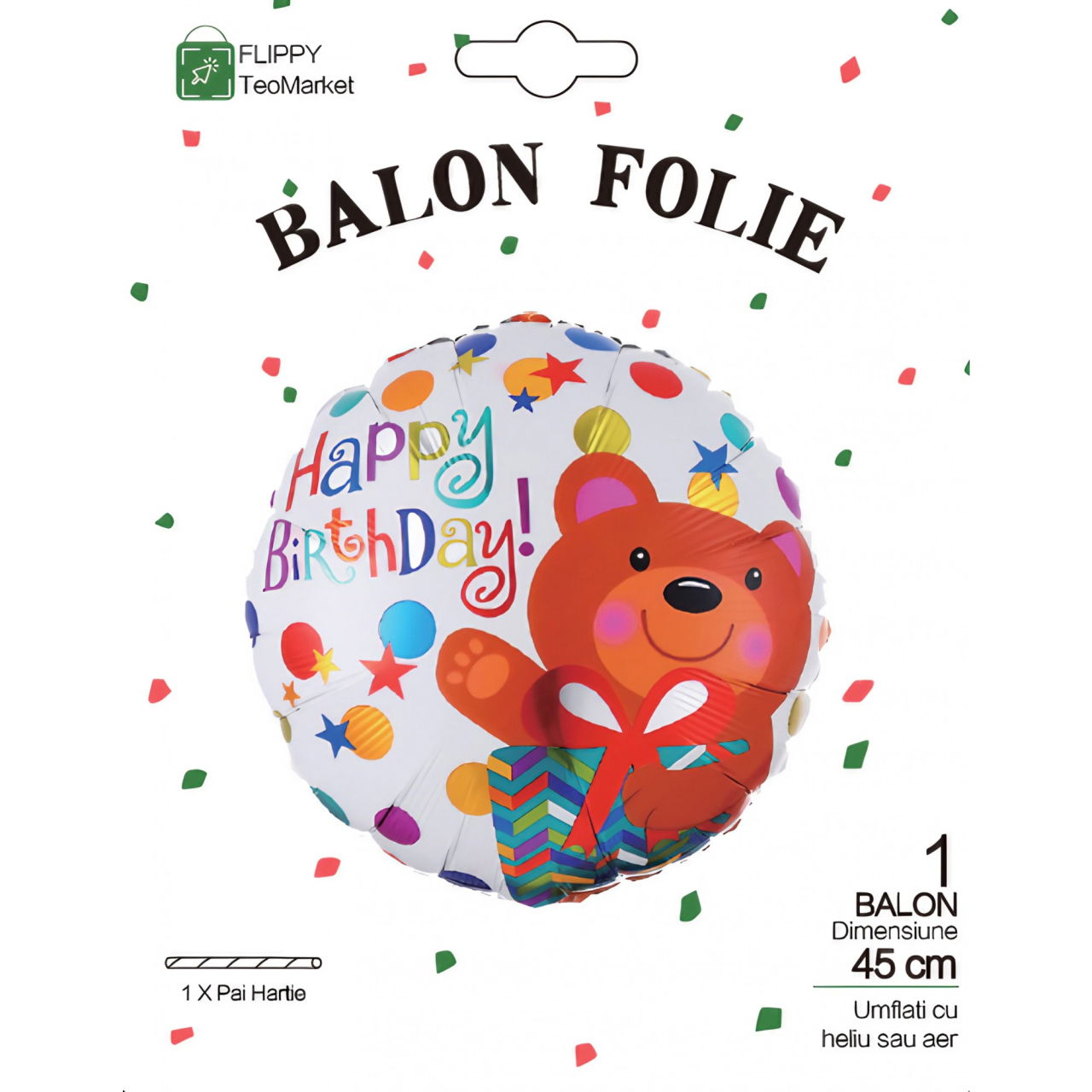 Balon din Folie Metalizata, Flippy, Mini Figurina Rotunda, Model Happy Birthday Ursulet, Tema Aniversare, 45 cm, Ambalaj Individual, Pai inclus, Umflare cu Aer sau Heliu, Maro [4]