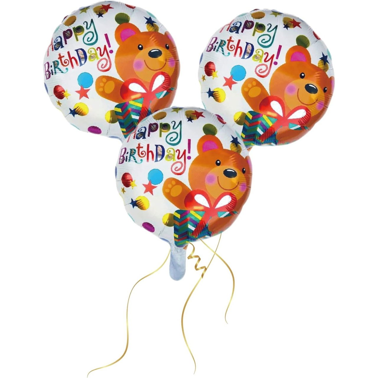 Balon din Folie Metalizata, Flippy, Mini Figurina Rotunda, Model Happy Birthday Ursulet, Tema Aniversare, 45 cm, Ambalaj Individual, Pai inclus, Umflare cu Aer sau Heliu, Maro [3]