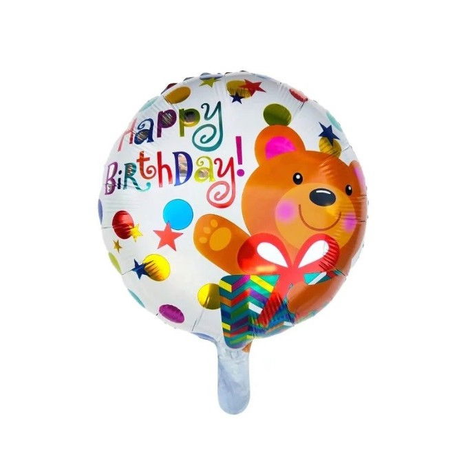 Balon din Folie Metalizata, Flippy, Mini Figurina Rotunda, Model Happy Birthday Ursulet, Tema Aniversare, 45 cm, Ambalaj Individual, Pai inclus, Umflare cu Aer sau Heliu, Maro [1]