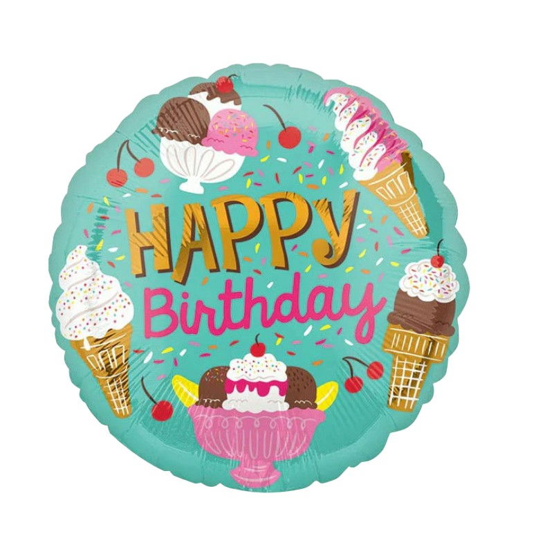 Balon din Folie Metalizata, Flippy, Mini Figurina Rotunda, Model Inghetata, Happy Birthday, Tematica Aniversare, 45 cm, Ambalaj Individual, Pai Inclus, Umflare cu Aer sau Heliu, Verde [4]