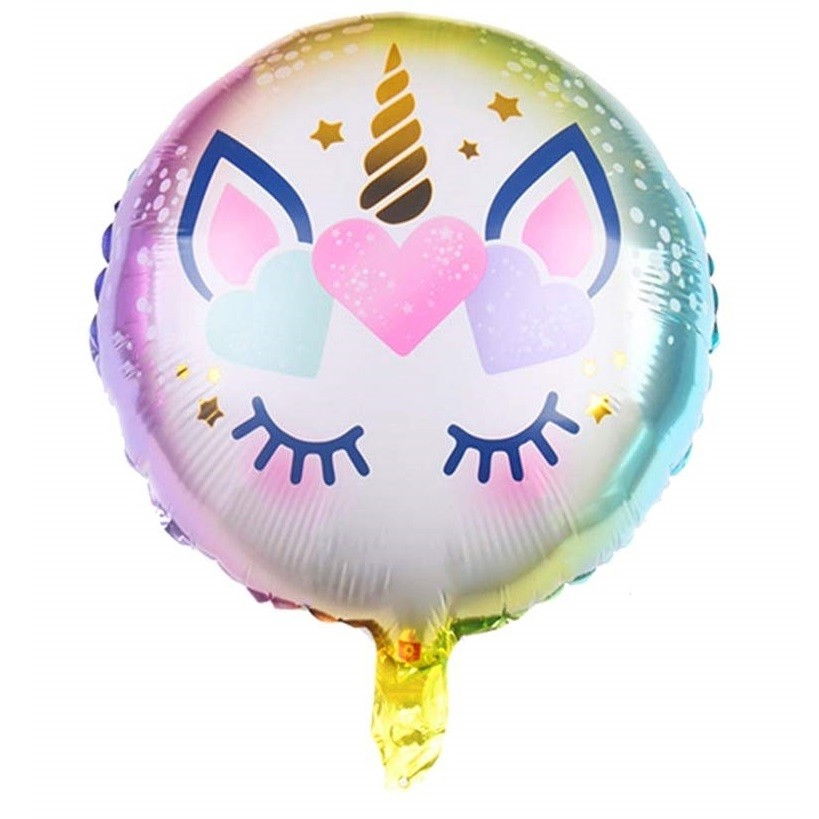 Balon din Folie Metalizata, Flippy, Mini Figurina Rotunda, Model Unicorn, Happy Birthday, Tematica Aniversare, 45 cm, Ambalaj Individual, Pai Inclus, Umflare cu Aer sau Heliu, Multicolor [1]