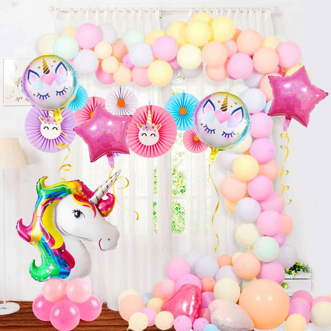 Balon din Folie Metalizata, Flippy, Mini Figurina Rotunda, Model Unicorn, Happy Birthday, Tematica Aniversare, 45 cm, Ambalaj Individual, Pai Inclus, Umflare cu Aer sau Heliu, Multicolor [4]