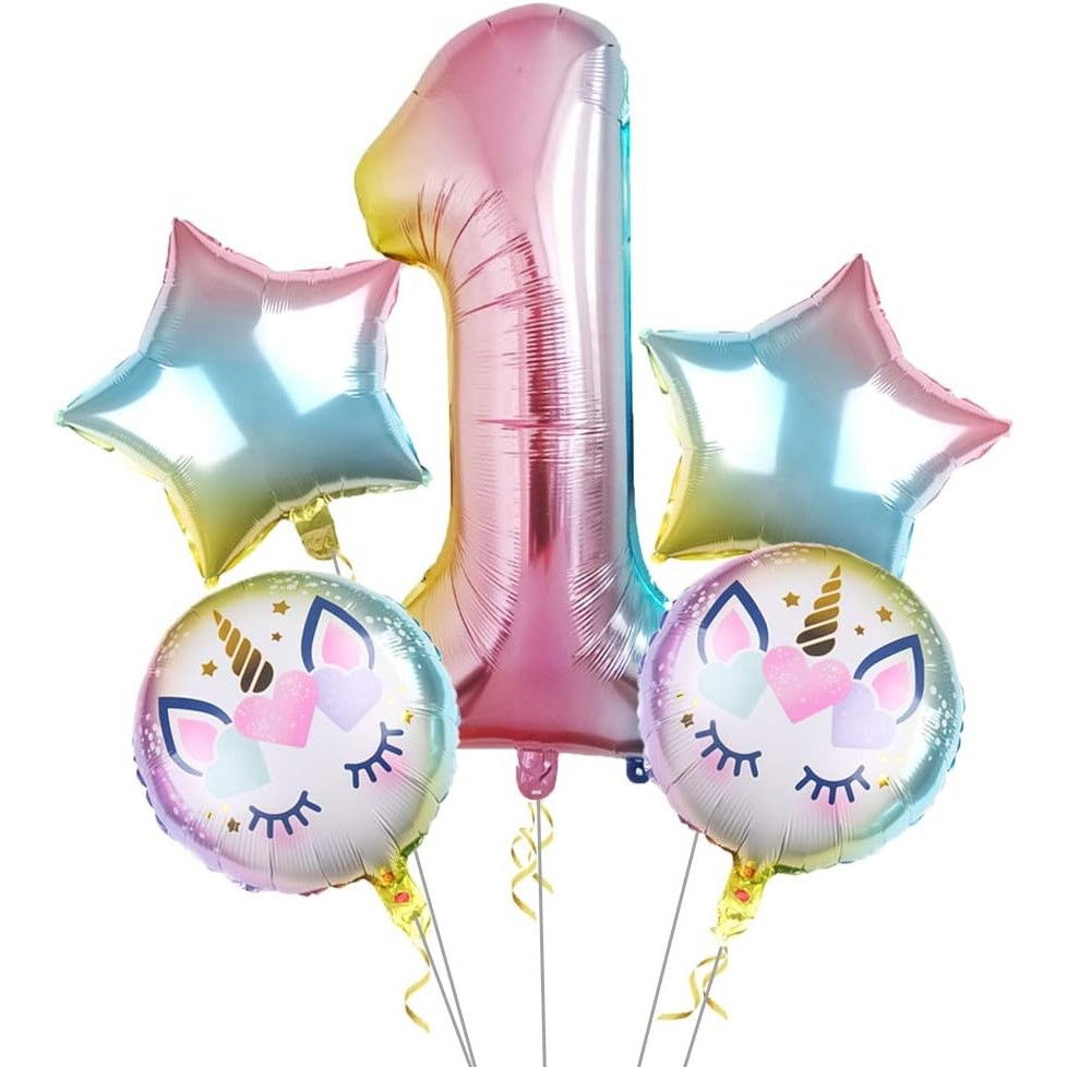 Balon din Folie Metalizata, Flippy, Mini Figurina Rotunda, Model Unicorn, Happy Birthday, Tematica Aniversare, 45 cm, Ambalaj Individual, Pai Inclus, Umflare cu Aer sau Heliu, Multicolor [3]