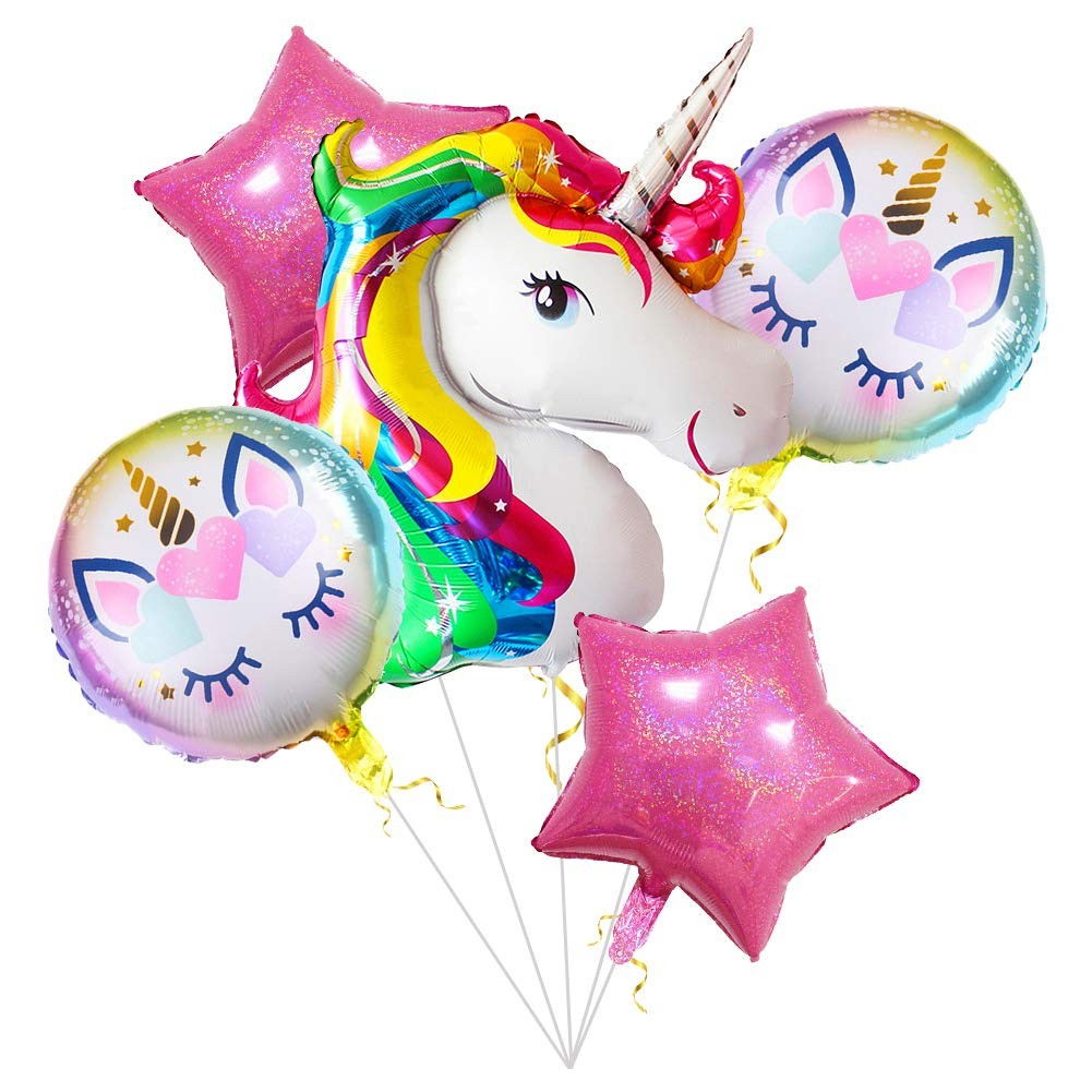 Balon din Folie Metalizata, Flippy, Mini Figurina Rotunda, Model Unicorn, Happy Birthday, Tematica Aniversare, 45 cm, Ambalaj Individual, Pai Inclus, Umflare cu Aer sau Heliu, Multicolor [5]