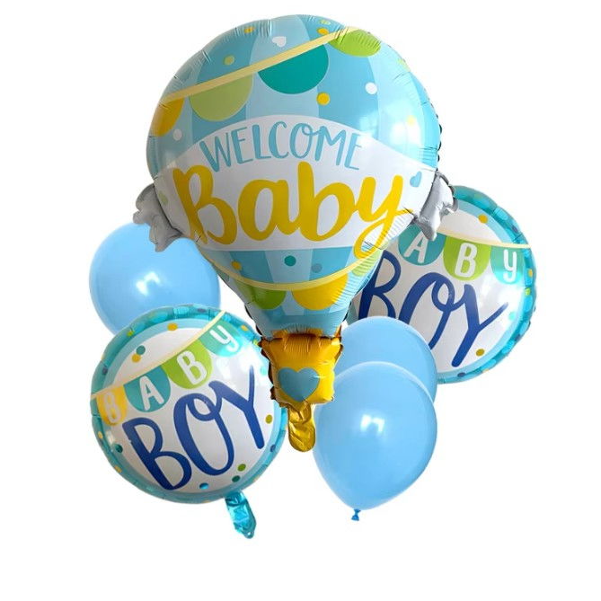 Balon din Folie Metalizata, Flippy, Mini Figurine, Model Balon cu Aer Cald Baietel, Tematica Welcome Baby, 80x62 cm, Ambalaj Individual, Pai Inclus, Umflare cu Aer sau Heliu, Albastru [4]