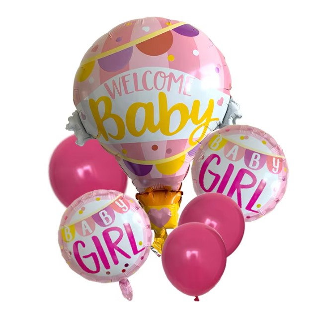 Balon din Folie Metalizata, Flippy, Mini Figurine, Model Balon cu Aer Cald Fetita, Tematica Welcome Baby, 80x62 cm, Ambalaj Individual, Pai Inclus, Umflare cu Aer sau Heliu, Roz [2]
