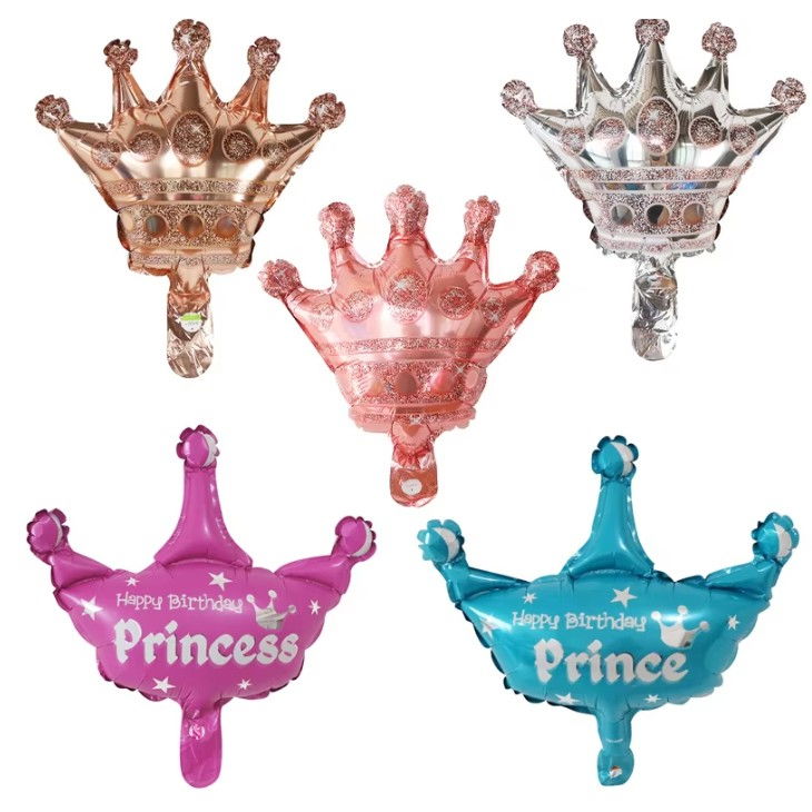Balon din Folie Metalizata, Flippy, Mini Figurine, Model Coroana de Printesa, Tematica Aniversare, 42x38 cm, Ambalaj Individual, Pai Inclus, Umflare cu Aer sau Heliu, Roz [6]