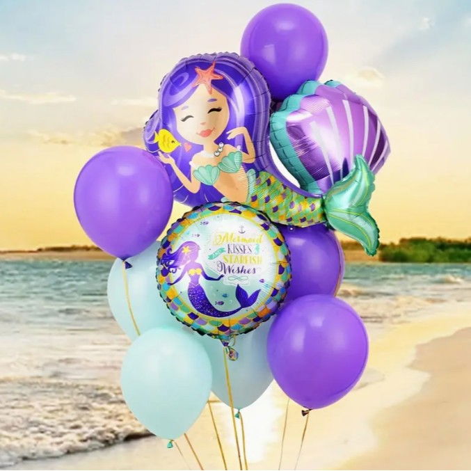 Balon din Folie Metalizata, Flippy, Mini Figurine, Model Sirena cu Par Mov, Tematica Aniversare, 39x37 cm, Ambalaj Individual, Pai Inclus, Umflare cu Aer sau Heliu, Multicolor [5]