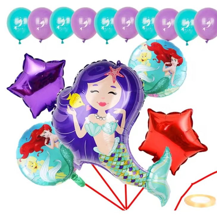 Balon din Folie Metalizata, Flippy, Mini Figurine, Model Sirena cu Par Mov, Tematica Aniversare, 39x37 cm, Ambalaj Individual, Pai Inclus, Umflare cu Aer sau Heliu, Multicolor [4]