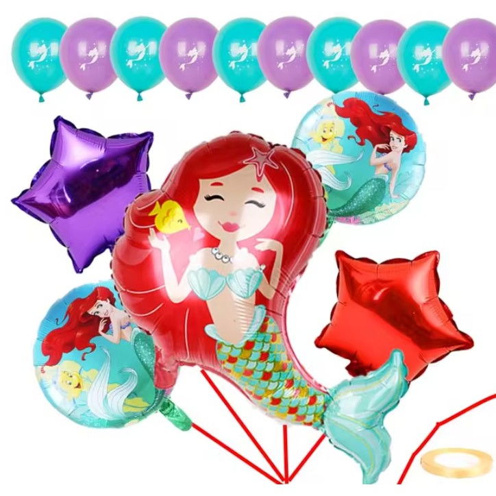 Balon din Folie Metalizata, Flippy, Mini Figurine, Model Sirena cu Par Rosu, Tematica Aniversare, 39x37 cm, Ambalaj Individual, Pai Inclus, Umflare cu Aer sau Heliu, Multicolor [5]