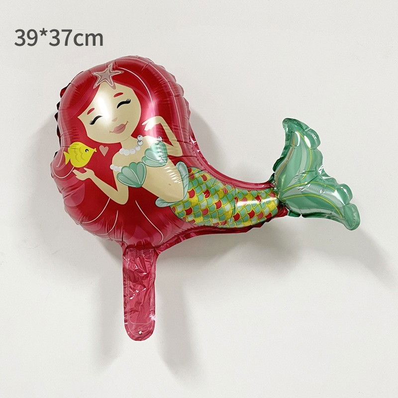 Balon din Folie Metalizata, Flippy, Mini Figurine, Model Sirena cu Par Rosu, Tematica Aniversare, 39x37 cm, Ambalaj Individual, Pai Inclus, Umflare cu Aer sau Heliu, Multicolor [2]