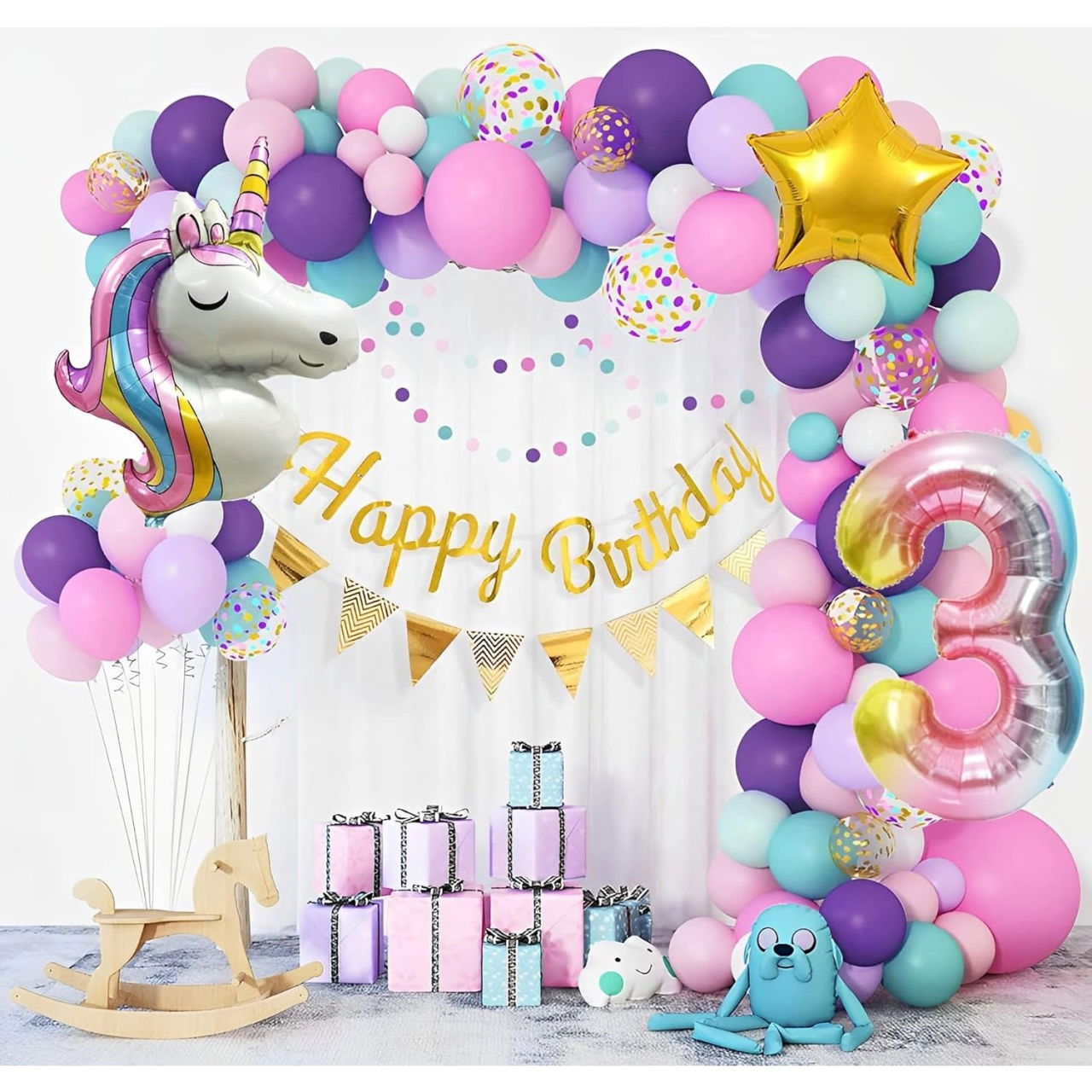 Balon din Folie Metalizata, Flippy, Mini Figurine, Model Unicorn, Tematica Aniversare, 115x76 cm, Ambalaj Individual, Pai Inclus, Umflare cu Aer sau Heliu, Multicolor [4]