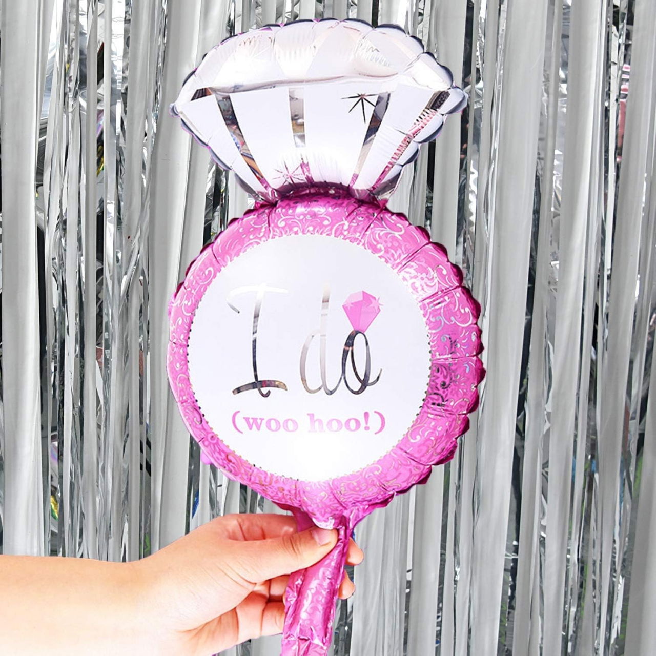 Balon din Folie Metalizata, Flippy, Mini Figurine Nunta, Model Inel de Logodna, Tematica Cerere in Casatorie, 46x23 cm, Ambalaj Individual, Pai Inclus, Umflare cu Aer sau Heliu, Roz [2]