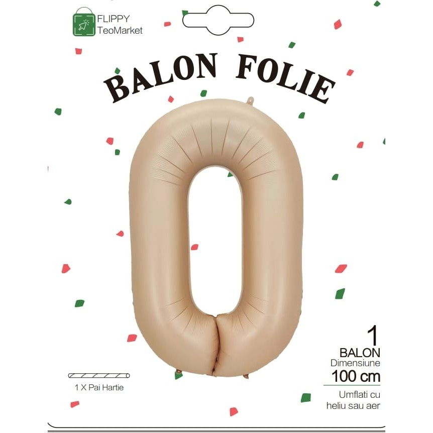 Balon din Folie Metalizata, Flippy, Model Cifra 0, 100 cm, Ambalaj Individual, Pai Inclus, Crem [5]
