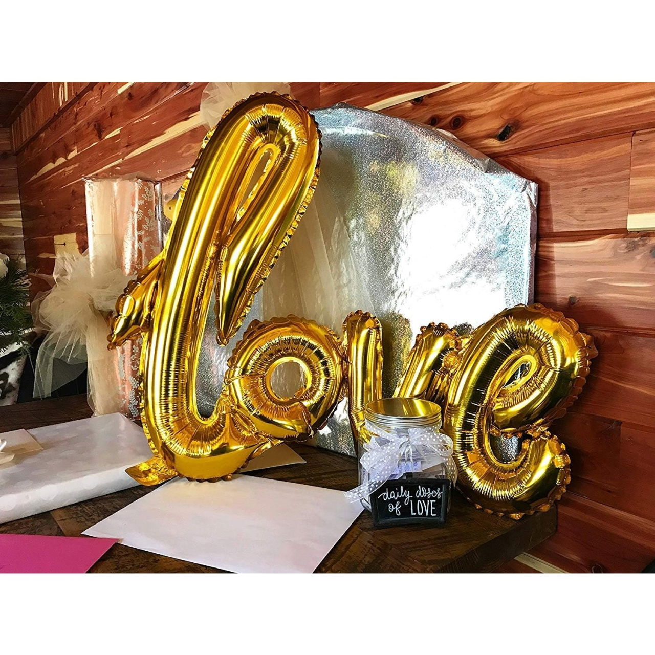 Balon din Folie Metalizata, Flippy, Model Love scris de mana, 102x65 cm, Tematica Ziua Îndrăgostiților, Ambalaj Individual, Pai Inclus, Umflare cu Aer sau Heliu, Auriu [4]