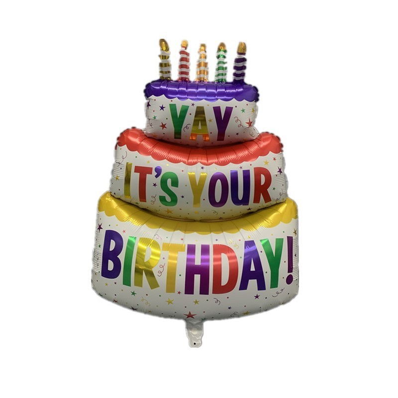 Balon din Folie Metalizata, Flippy, Model Tort cu 3 Straturi, Balon Aniversar, Model Birthday Cake, 102x62 cm, Ambalaj Individual, Pai inclus, Umflare cu Aer sau Heliu, Multicolor [1]
