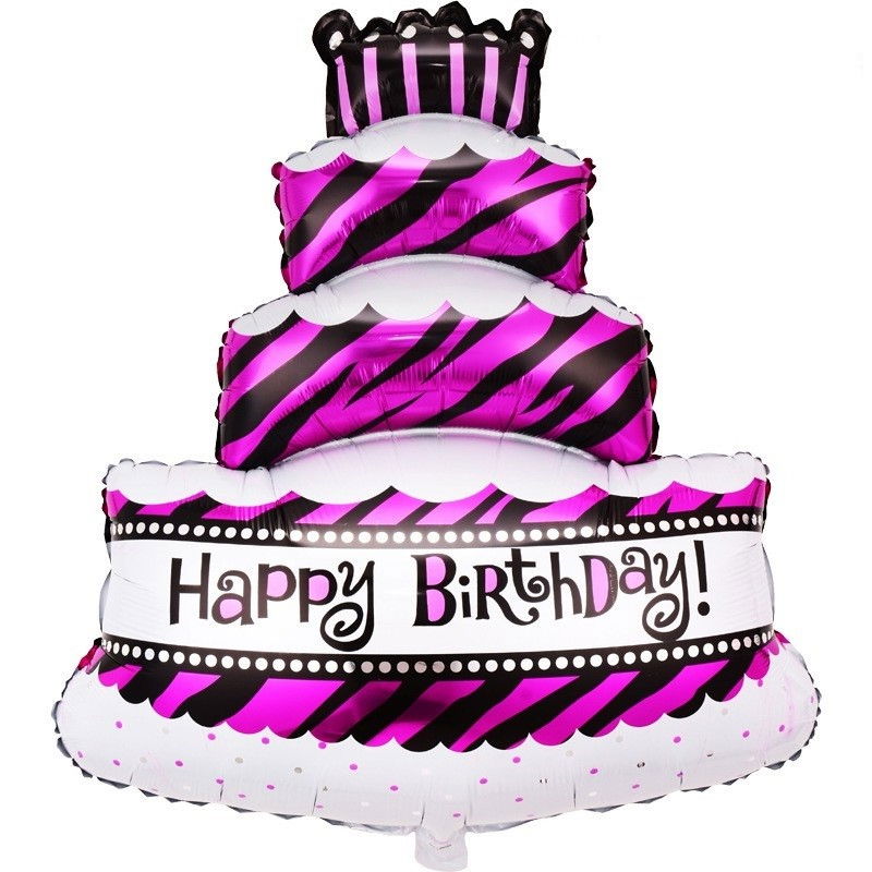 Balon din Folie Metalizata, Flippy, Model Tort cu 4 Straturi, Balon Aniversar, Model Happy Birthday, 62x43 cm, Ambalaj Individual, Pai inclus, Umflare cu Aer sau Heliu, Mov [1]