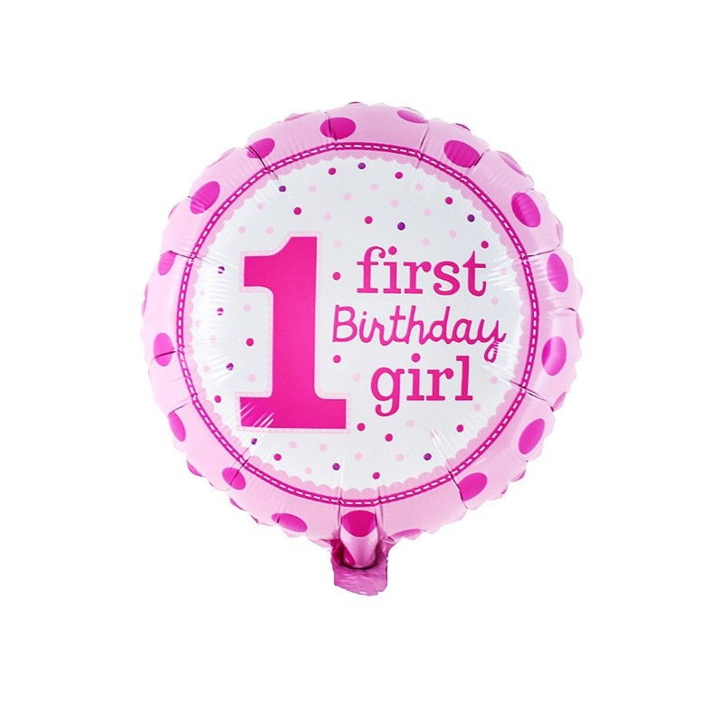 Balon din Folie Metalizata, Flippy, Prima Aniversare, Model First Birthday Girl, 45 cm, Ambalaj Individual, Pai Inclus, Umflare cu Aer sau Heliu, Roz [1]