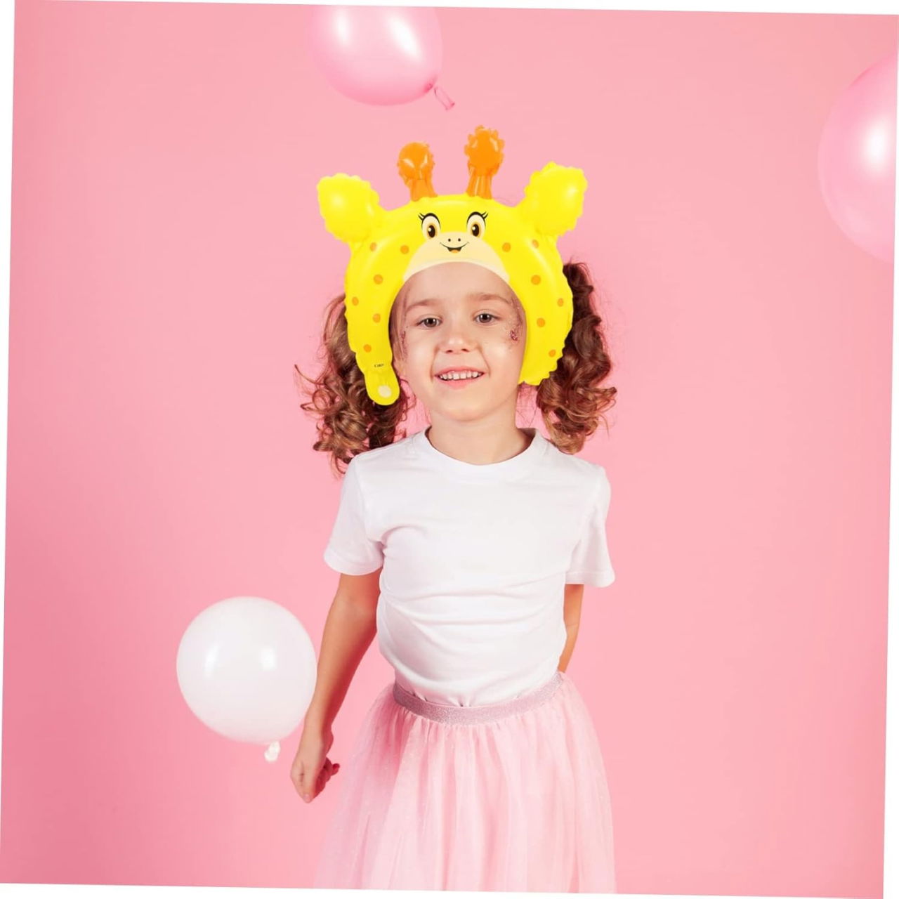 Balon din Folie Metalizata, Flippy, Tip Coronita cu Urechi, Model Girafa, Ambalaj Individual, Pai Inclus, Umflare cu Aer sau Heliu, 28 x 31 cm, Galben [3]