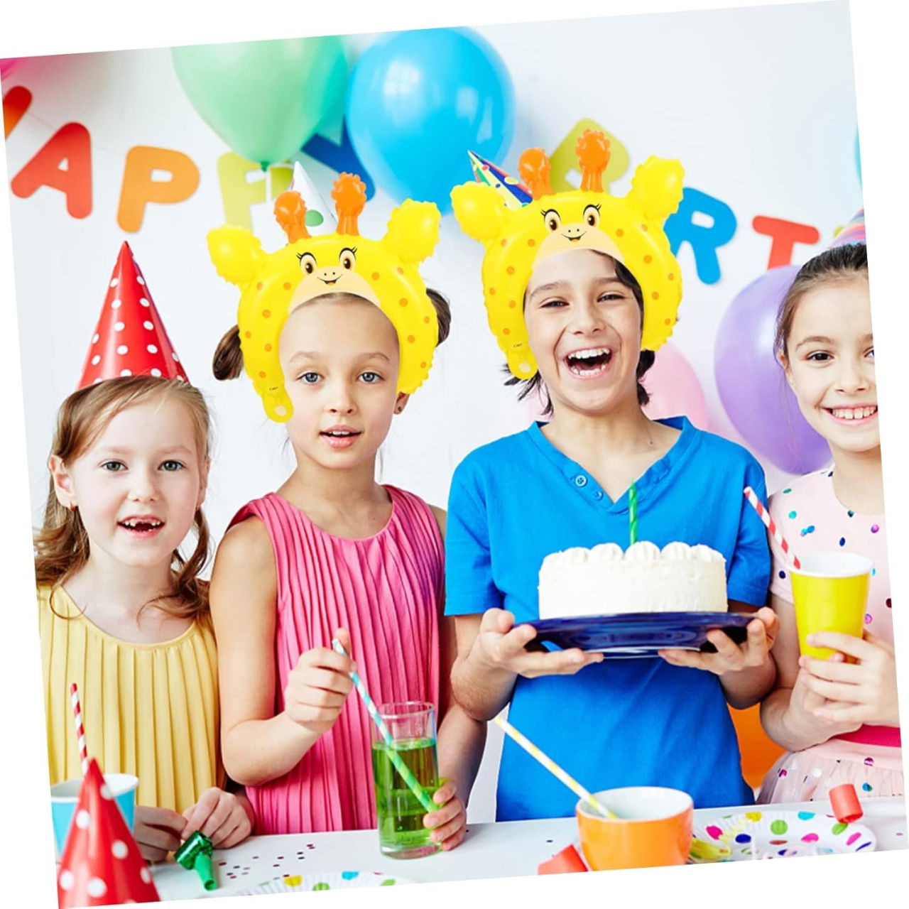 Balon din Folie Metalizata, Flippy, Tip Coronita cu Urechi, Model Girafa, Ambalaj Individual, Pai Inclus, Umflare cu Aer sau Heliu, 28 x 31 cm, Galben [4]