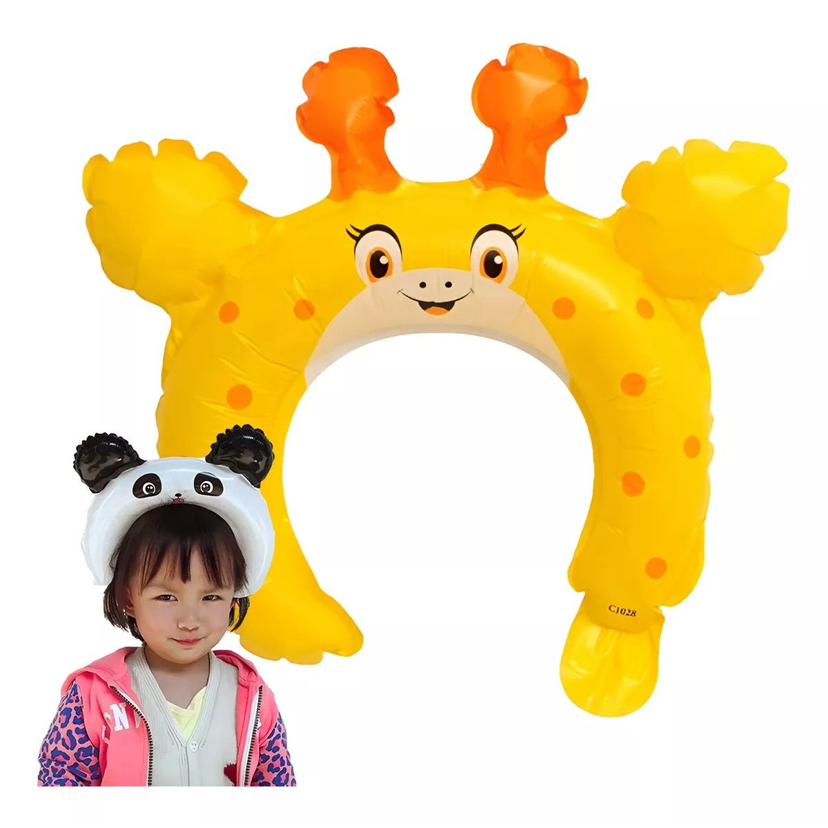 Balon din Folie Metalizata, Flippy, Tip Coronita cu Urechi, Model Girafa, Ambalaj Individual, Pai Inclus, Umflare cu Aer sau Heliu, 28 x 31 cm, Galben [2]