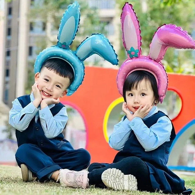 Balon din Folie Metalizata, Flippy, Tip Coronita cu Urechi, Model Iepure, Ambalaj Individual, Pai Inclus, Umflare cu Aer sau Heliu, 38 x 45 cm, Albastru [2]