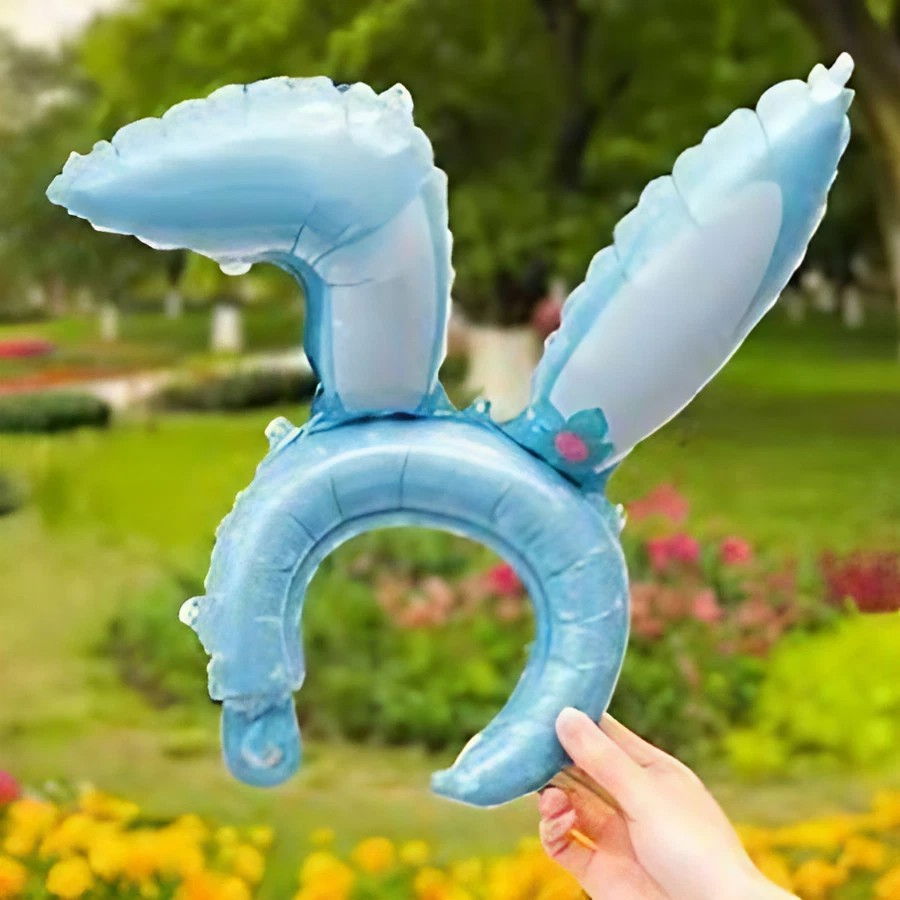 Balon din Folie Metalizata, Flippy, Tip Coronita cu Urechi, Model Iepure, Ambalaj Individual, Pai Inclus, Umflare cu Aer sau Heliu, 38 x 45 cm, Albastru [3]