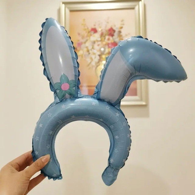 Balon din Folie Metalizata, Flippy, Tip Coronita cu Urechi, Model Iepure, Ambalaj Individual, Pai Inclus, Umflare cu Aer sau Heliu, 38 x 45 cm, Albastru [4]